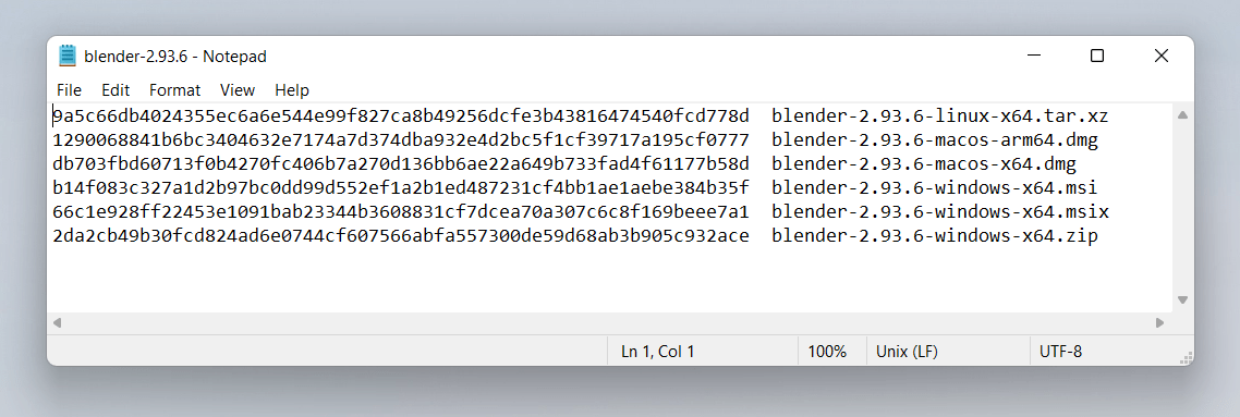 Beispiele von SHA256 aus dem Download für die Software „Blender“. Diese sehen aus wie 64 hexadezimale Ziffern gefolgt von einem Dateinamen wie "blender.zip"