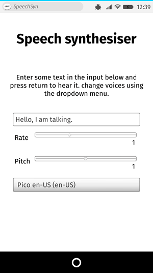 UI einer App namens speak easy synthesis. Sie hat ein Eingabefeld, in das Text zur Synthese eingegeben werden kann, Schieberegler zur Änderung der Rate und Tonhöhe der Sprache sowie ein Dropdown-Menü zur Auswahl zwischen verschiedenen Stimmen.