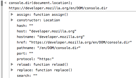 Ein Screenshot der Firefox-Konsole, in der console.dir(document.location) ausgeführt wird. Wir sehen die URL der Seite, gefolgt von einem Block von Eigenschaften. Wenn die Eigenschaft eine Funktion oder ein Objekt ist, wird ein Aufklappdreieck vorangestellt.