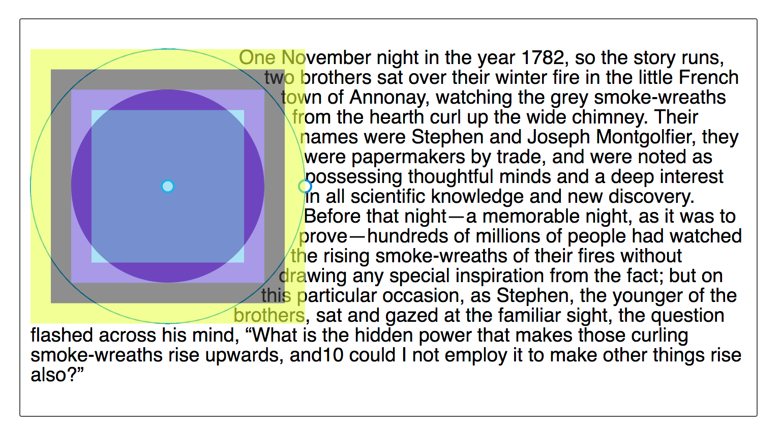 Ein Bild, das einen mit dem Firefox DevTools Shape Inspector inspizierten Kreis zeigt. Die verschiedenen Teile des Boxmodells sind hervorgehoben.