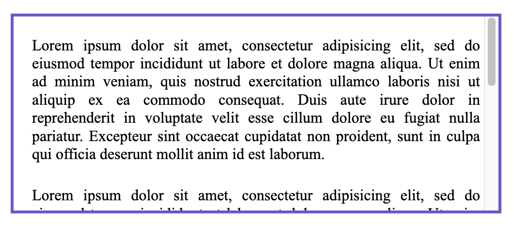 Ein enthaltendes div-Element mit einem Absatz Text darin, einem Platz rechts, wo die Scrollleiste ist und einem übereinstimmenden leeren Raum links