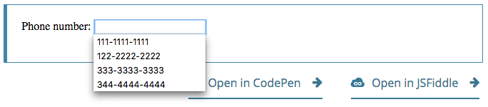 Ein Eingabefeld hat den Fokus mit einem blauen Fokusring. Das Eingabefeld hat ein Dropdown-Menü, das vier Telefonnummern zeigt, die der Benutzer auswählen kann.