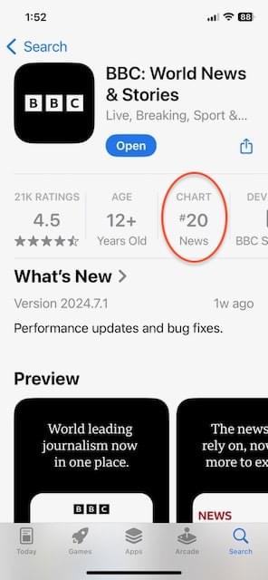 BBC App-Übersicht im Apple App Store. CHART-Feld ist rot umkreist, um die News-Kategorie zu zeigen.