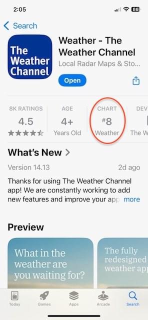 Übersicht der Wetter-App im Apple App Store. CHART-Feld ist rot umkreist, um die Weather-Kategorie zu zeigen.