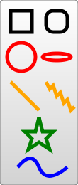 Abfolge von acht verschiedenen Formen und Zeichnungen. Oben links ein schwarzes Umriss-Quadrat, gefolgt von einem schwarzen abgerundeten Umriss-Quadrat. Unten links ein roter Umriss-Kreis, gefolgt von einer roten Umriss-Ellipse. Darunter eine gelbe Linie, gefolgt von einem gelben Zickzack. Unter den gelben Linien ein grüner Umriss-Stern und am Ende des Bildes eine blaue wellige Linie.