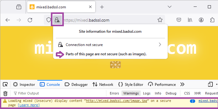 Bildschirmfoto der Web-Konsole mit Anzeige-Warnung für gemischte Inhaltsbilder.