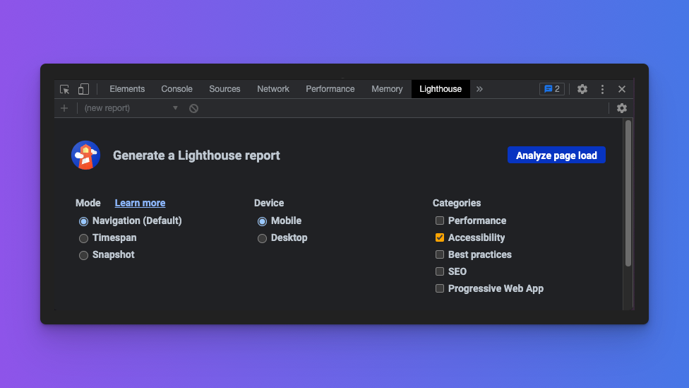 Screenshot of the Lighthouse tools in Chrome with only the accessibility audit checked under the categories heading.