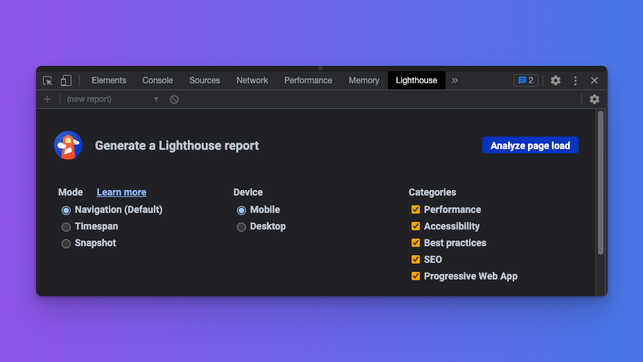 Screenshot of the Lighthouse tools in Chrome with all the different audit categories under the categories heading checked.