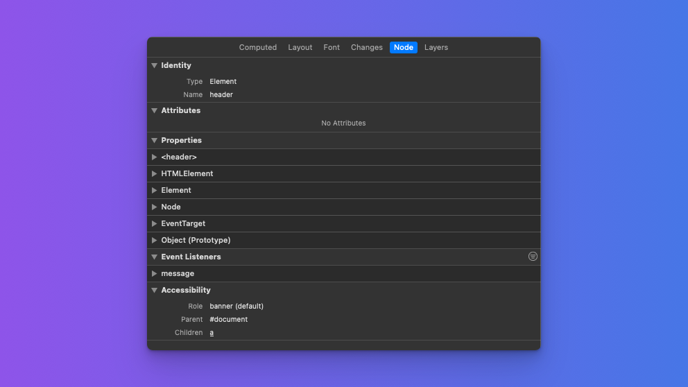 Safari web inspector panel with the node tab selected. It shows the expanded accessibility tree inspector at the bottom of the panel.