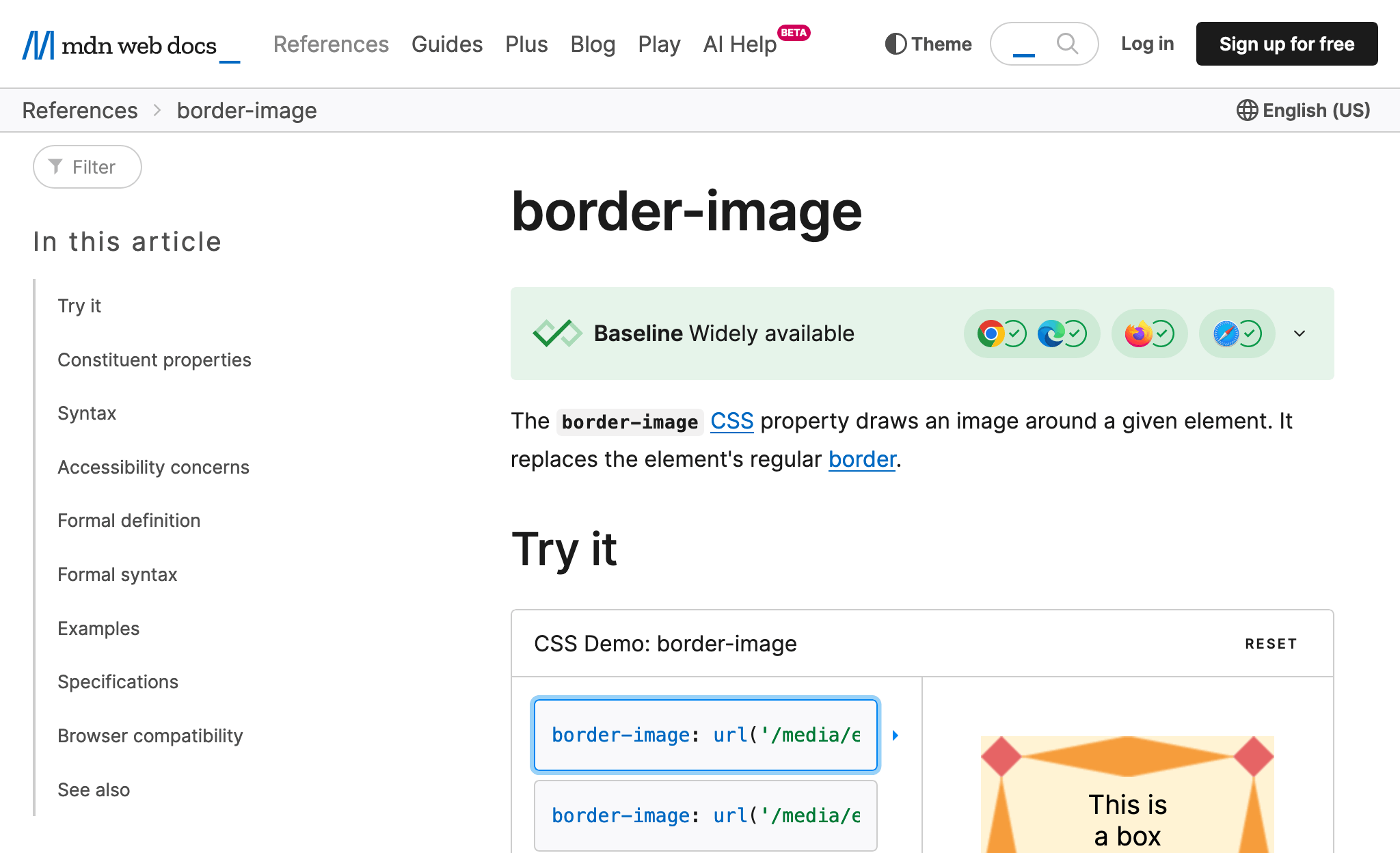 MDN reference page for the border-image CSS property with the green Baseline widget on top. On the widget, there's a big green checkmark, Baseline widely available title, and four browser logos, all with checkmarks.