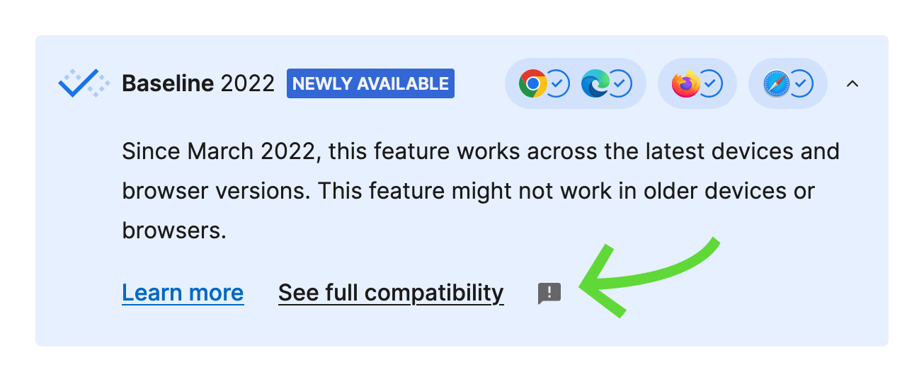 The blue Baseline widget opened: checkmark, Baseline 2022, newly available. The text goes: Since March 2022, this feature works across the latest devices and browser versions. This feature might not work in older devices or browsers. At the bottom, a green arrow points to the feedback icon.