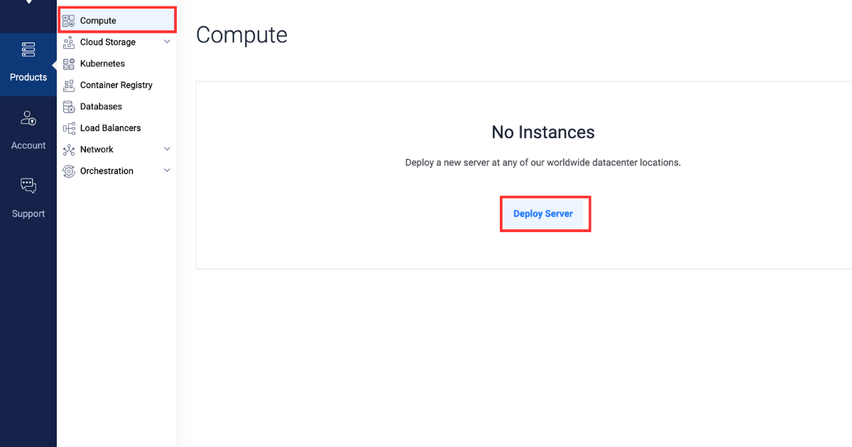 Screenshot of Vultr customer portal showing the Products menu on the left with Compute as a sub option and the Deploy Server button in the center