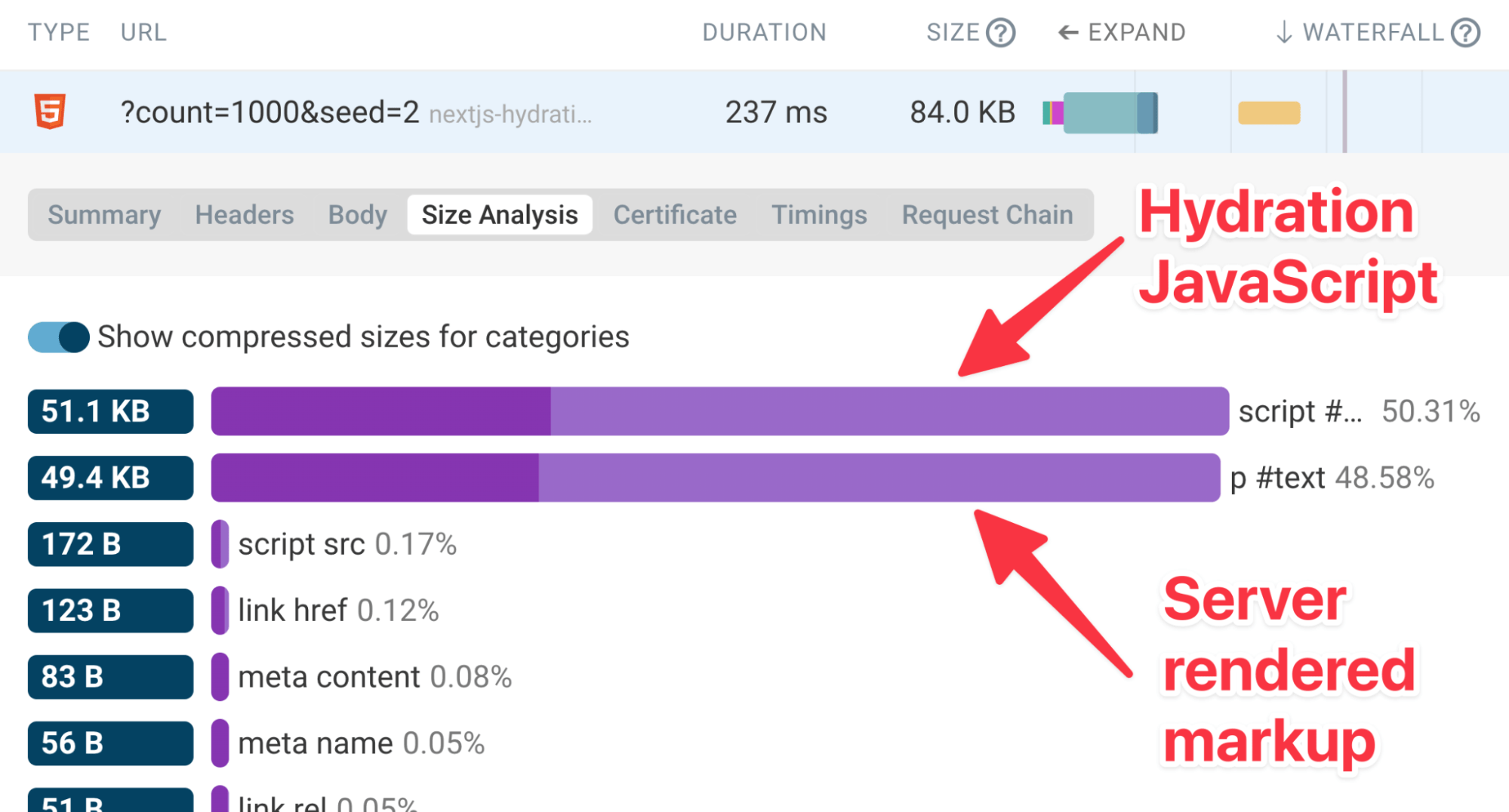 Size analysis of a Next.js page showing hydration issues