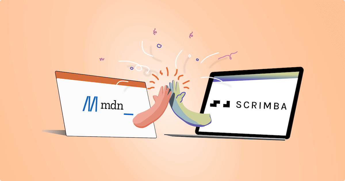 Illustration of two computer screens giving a high-five. The left screen displays the MDN Web Docs logo, while the right screen shows the Scrimba logo. The background is a light peach color with small decorative elements, suggesting a collaboration or partnership between MDN Web Docs and Scrimba.