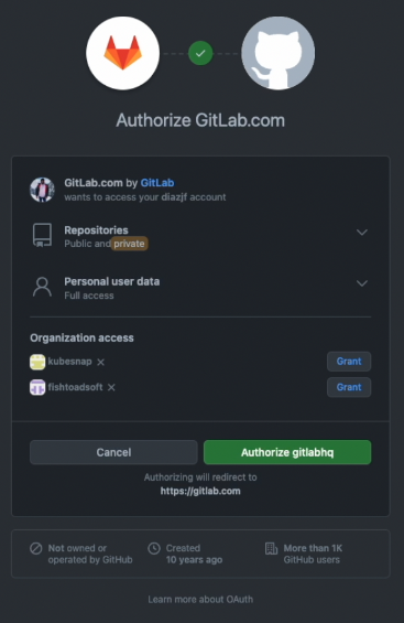 Screenshot of a dark-themed dialog box with the title Authorize Gitlab.com. The top displays the GitLab logo next to the GitHub logo with a connecting arrow. Buttons to "Cancel" or "Authorize gitlabhq" are provided at the bottom. The main section is seeking permissions for both public and private repositories and full access to personal user data.