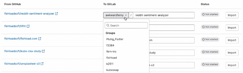 A screenshot showing a list of repositories "From GitHub" in the first column to be transferred "To GitLab" in the second column with their status in the third column. The "To GitLab" column provides a drop-down to choose a location. There is an Import button corresponding to each repository.
