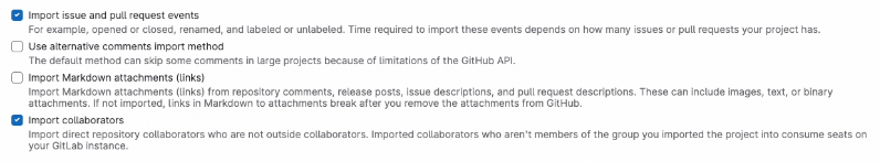 Screenshot of a list of check box options. The options include "Import issue and pull request events", "Use alternative comments import method", "Import Markdown attachments (links)", and "Import collaborators". Each option provides additional information.