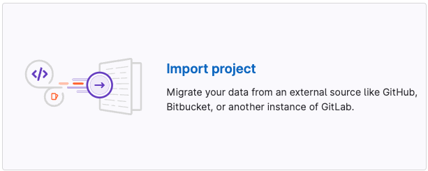The text reads "Import project - Migrate your data from an external source like GitHub, Bitbucket, or another instance of GitLab. The illustration shows a code symbol that connects to a document via an arrow depicting data migration.