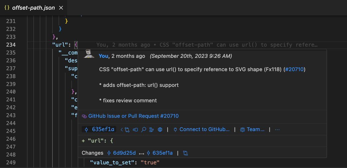 Screenshot demoing the GitLens extension in VS Code by displaying annotations with commit IDs and a referenced pull request number alongside the code.