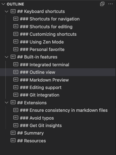 Screenshot showing Outline view panel in VS Code, displaying a hierarchical structure of a document's headings and subheadings for easy navigation.