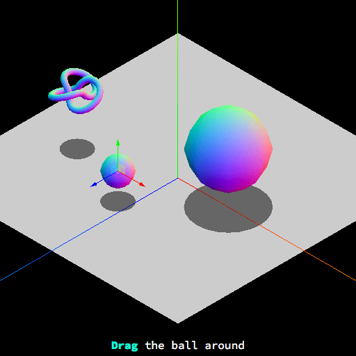 A knot object, a large sphere object and a small sphere object in 3-D space. Three vectors are drawn on the small sphere. The vectors point in the directions of the three axes that define the space. Text at the bottom reads: Drag the ball around.