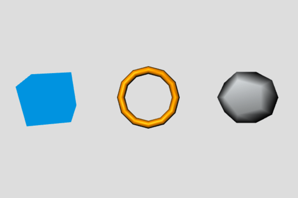 Shapes: blue cube, dark yellow torus and dark gray dodecahedron on a gray background rendered with Three.js.