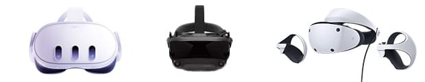 Three different VR devices: the Meta Quest 3, the Valve Index, and the Sony PSVR2.