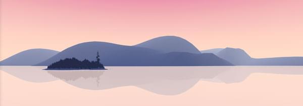 A 3D representation of a landscape: it's a pinkish sunset, with a blue mountainous land in the background surrounded by a mirror sea and a darker blue island in the second plan.