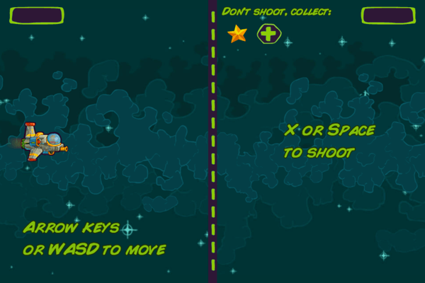 How to play screen of a player's ship (with stars in the background) which can be controlled by keyboard and mouse, and the visible message: "arrow keys or WASD to move" and "X or Space to shoot".