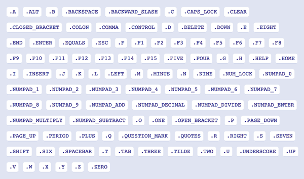 A full list of Phaser Key codes available inside the game.