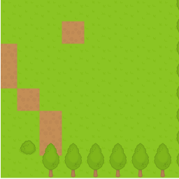 Animated gif of a section grass, dirt areas, and trees made from repeated sections of a tilemap showing how you see different sections of the area when you scroll.