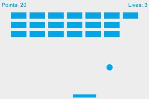 Phaser で作成したゲーム MDN ブロック崩しのゲーム画面。パドルを使用してボールを跳ね返し、ポイントとライフを維持しながら、レンガのフィールドを破壊することができます。