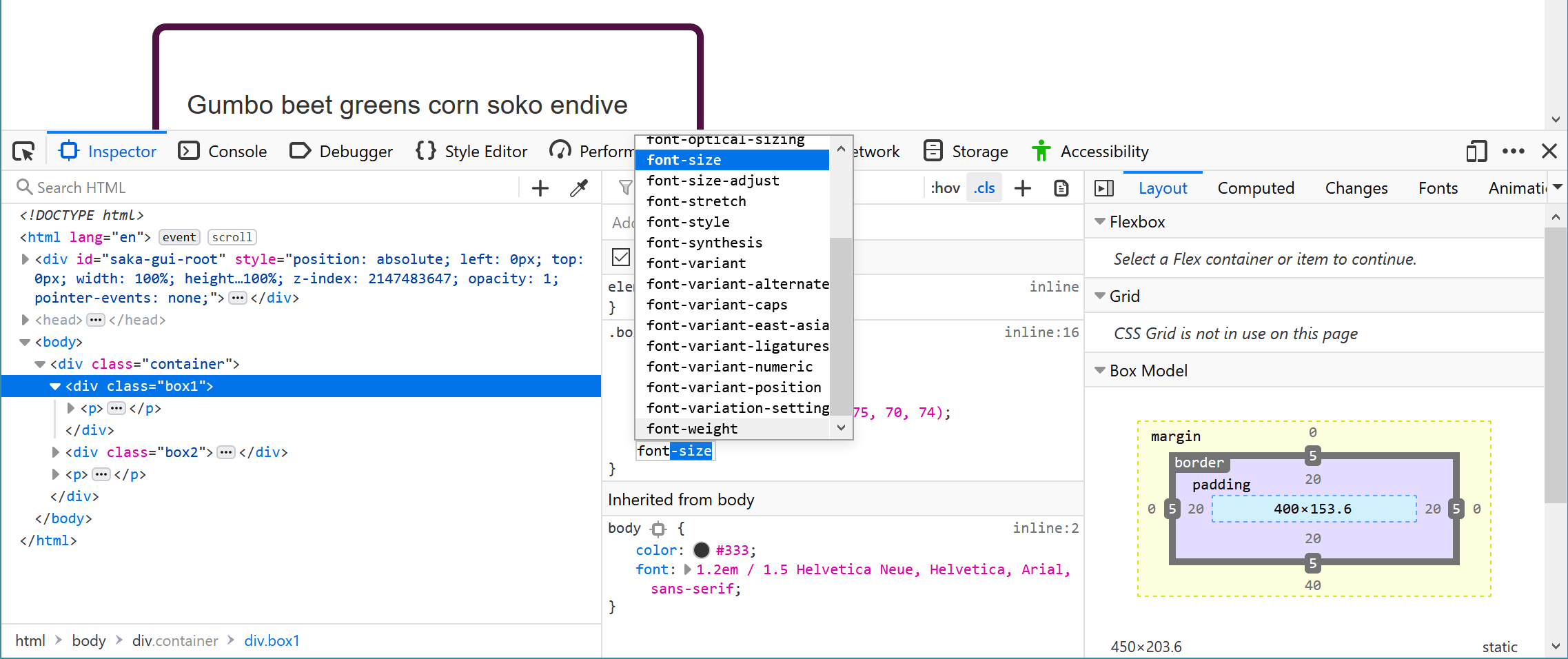 DevToolsパネル、新しいプロパティをルールに追加し、フォントのオートコンプリートを開く