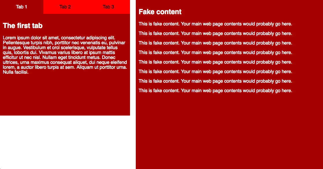 Info-box is a container with 3 tabs with the first tab selected and only the contents of the first tab are displayed. It is given a fixed position. The info-box is positioned at the top left corner of the window with a width of 452 pixels. A container of fake content occupies the rest right half of the window; the fake content container is taller than the window and is scrollable. When the page is scrolled, the right-hand side container moves while the info-box stays fixed in the same position on the screen. 