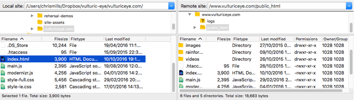 SFTP client displaying website contents once it has been connected to the SFTP server. Local files are on the left. Remote files are on the right.