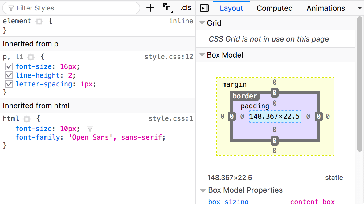 Snippet of the CSS panel and the layout panel that can be seen adjacent to the HTML editor in the browser developer tools. By default, the CSS editor displays the CSS rules applied to the currently selected element in the HTML editor. The layout panel shows the box model properties of the selected element.
