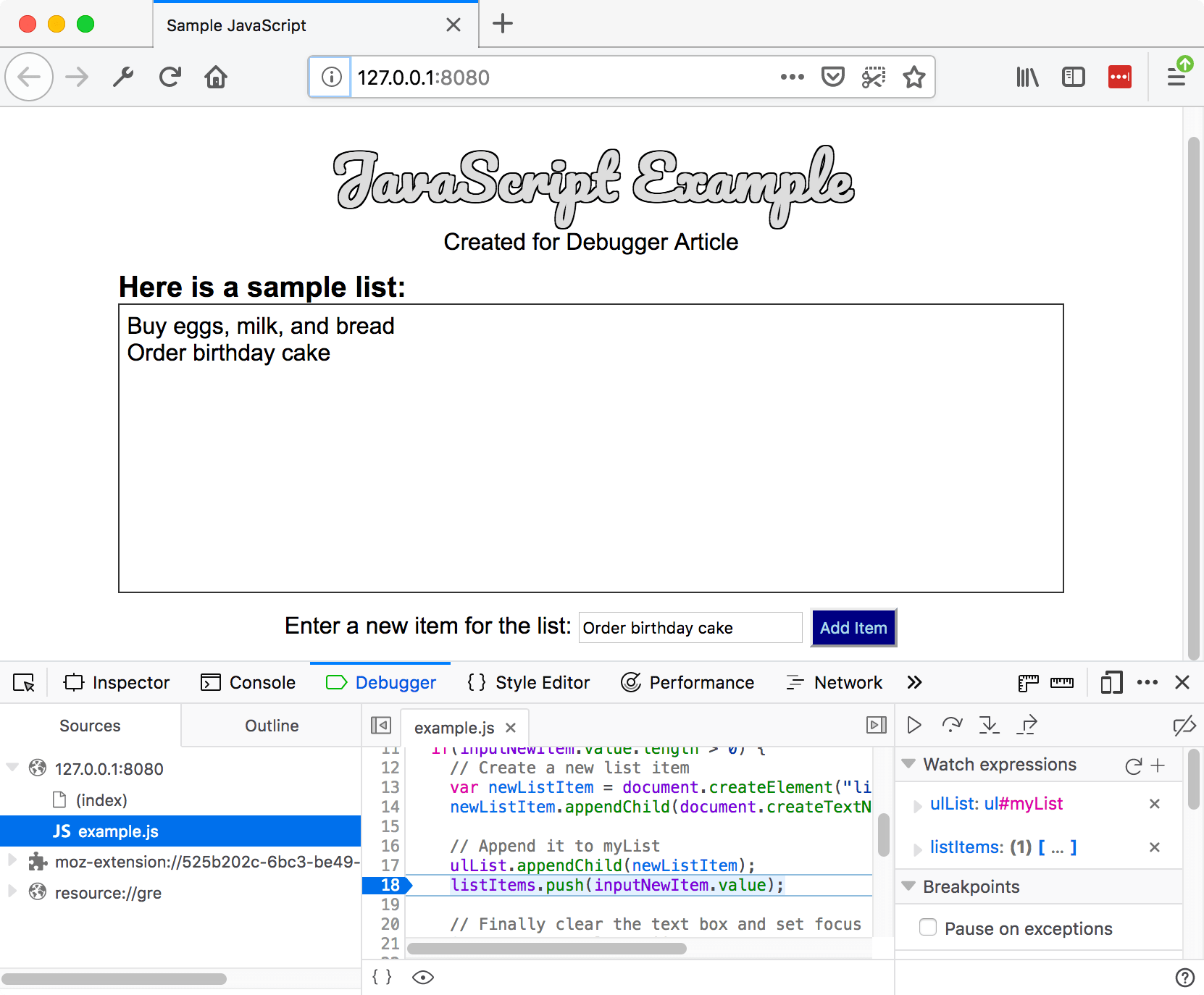 A test website that is served locally in port 8080. The developer tools sub-window is open. The JavaScript debugger tab is selected. It allows you to watch the value of variables and set breakpoints. A file with name 'example.js' is selected from the sources pane. A breakpoint is set at line number 18 of the file.