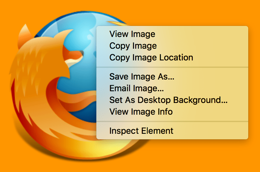 The firefox logo as a DOM element in an example website with a context menu showing. A context menu appears when any item on the web page is right-clicked. The last menu items is 'Inspect element'.