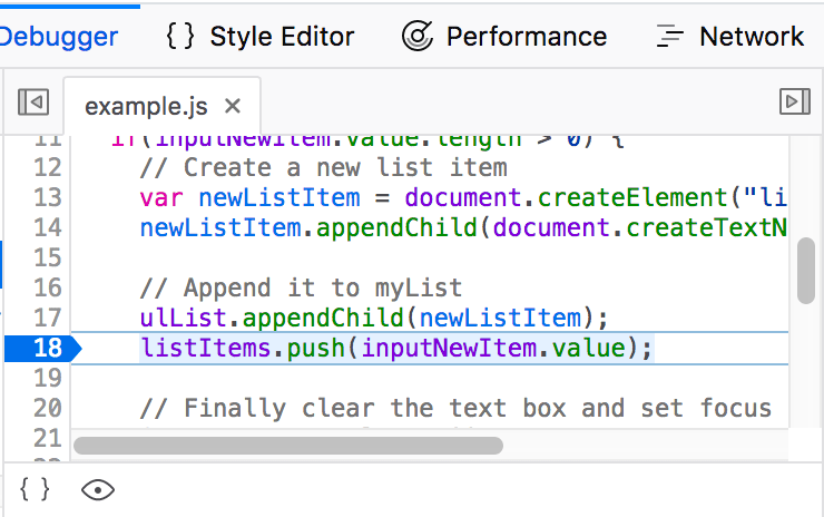 Snippet of developer tools debugger panel with the breakpoint at line 18 highlighted.