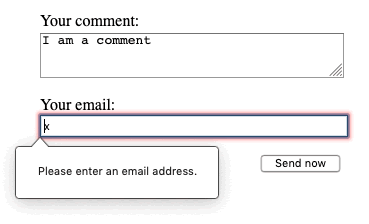 "Please enter an email address." というメッセージを表示している無効なメール入力欄