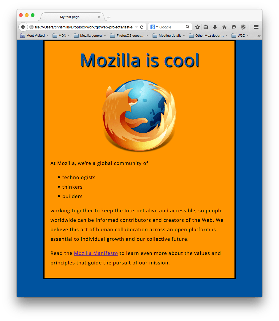 Mozilla のロゴを中央に配置し、ヘッダーと段落を配置しています。これで、ページ全体の背景が青くになり、中央に配置されたメインコンテンツストリップの背景がオレンジになるなど、きれいなスタイルになりました。