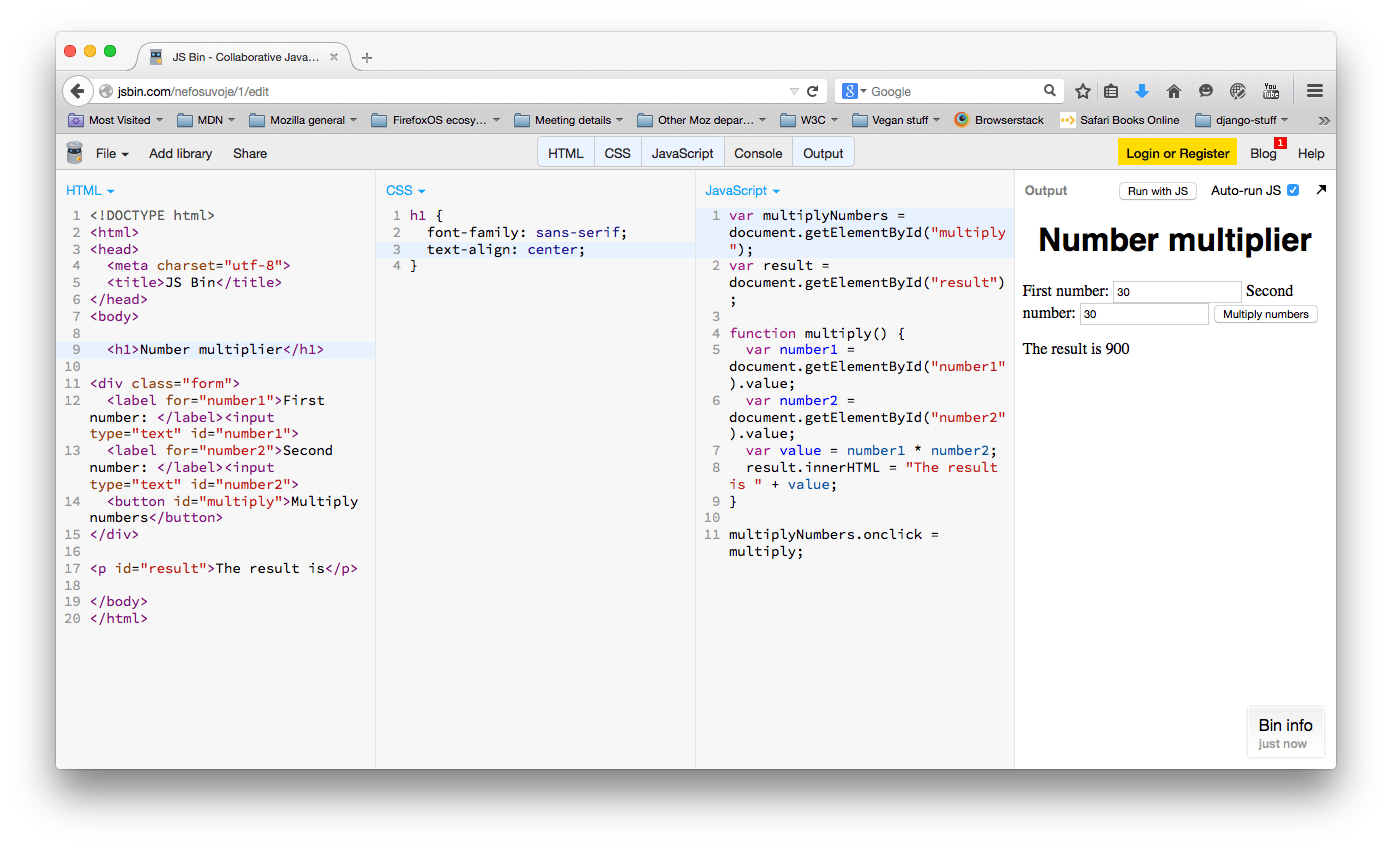 Screenshot of JS Bin web based IDE