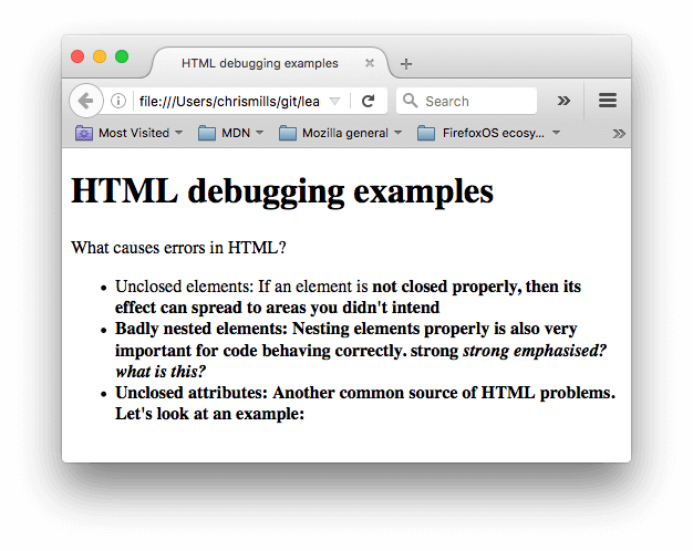HTML のデバッグ例のタイトルと、閉じられていない要素、不適切に入れ子にされた要素、閉じられていない属性などの一般的な HTML エラーに関する情報を含む、シンプルな HTML 文書です。