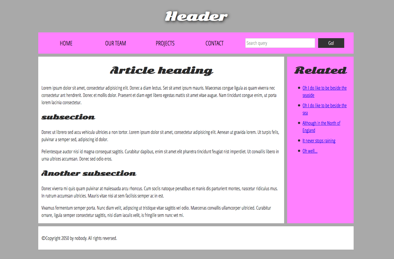 Un ejemplo de estructura de sitio web simple con un encabezado principal, menú de navegación, contenido principal, barra lateral y pie de página.