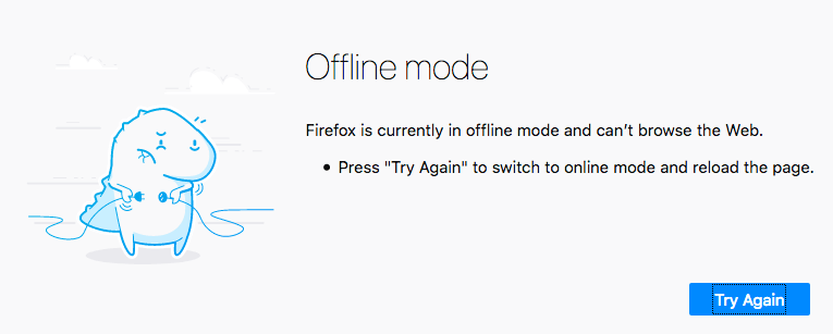 Firefox offline screen with an illustration of a cartoon character to the left-hand side holding a two-pin plug in its right hand and a two-pin socket in its left hand. On the right-hand side there is an Offline Mode message and a button labeled 'Try again'.
