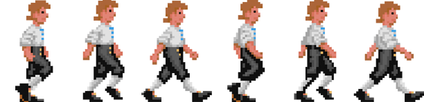 A sprite sheet with six sprite images of a pixelated character resembling a walking person from their right side at different instances of a single step forward. The character has a white shirt with sky blue buttons, black trousers, and black shoes. Each sprite is 102 pixels wide and 148 pixels high.