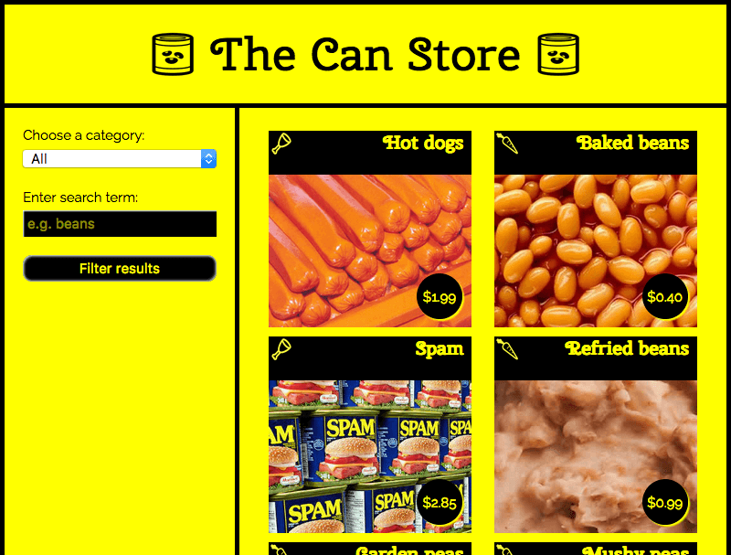 A fake ecommerce site showing search options in the left hand column, and product search results in the right-hand column.