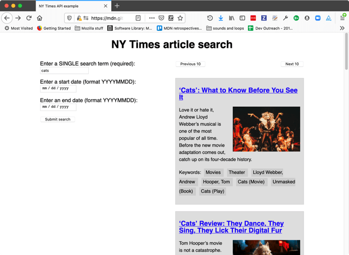 A screenshot of a sample search query and search results as retrieved from the New York Article Search API.