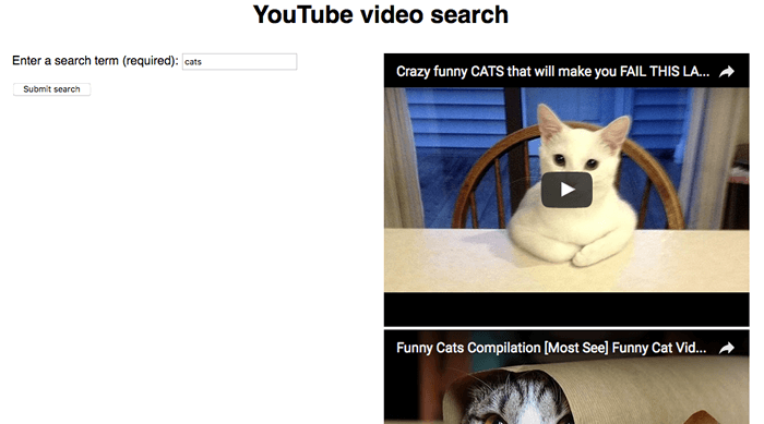 A screenshot of a sample Youtube video search using two related APIs. The left side of the image has a sample search query using the YouTube Data API. The right side of the image displays the search results using the Youtube Iframe Player API.