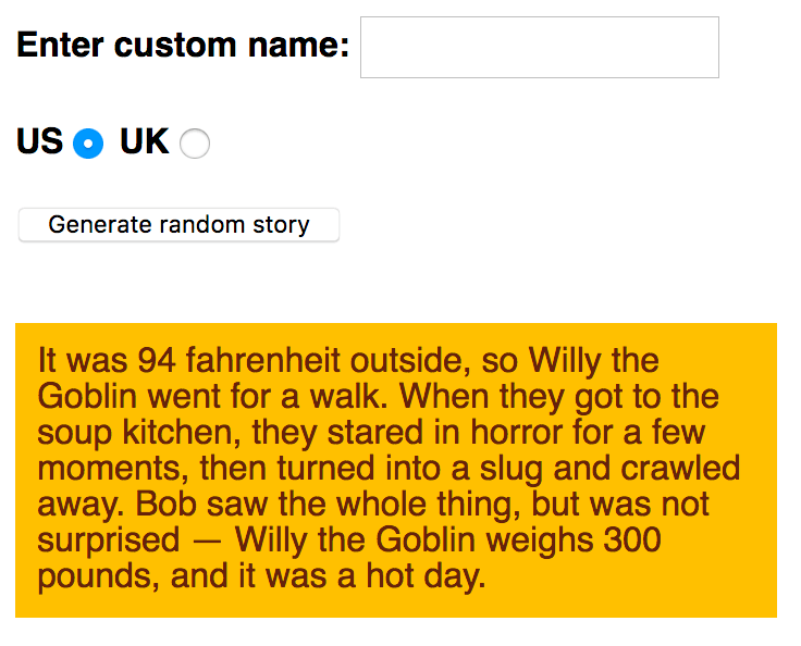 The silly story generator app consists of a text field, two radio buttons, and a button to generate a random story.